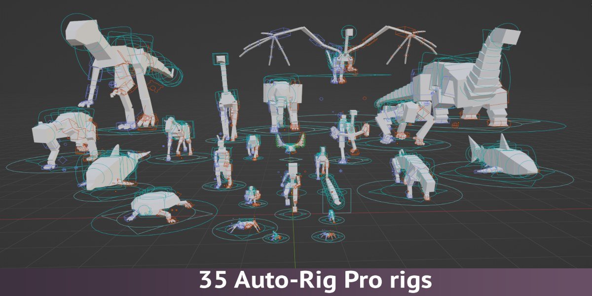 35 Auto-Rig Pro creature rigs including dinosaurs, spiders, sharks and mammals shown together in Blender