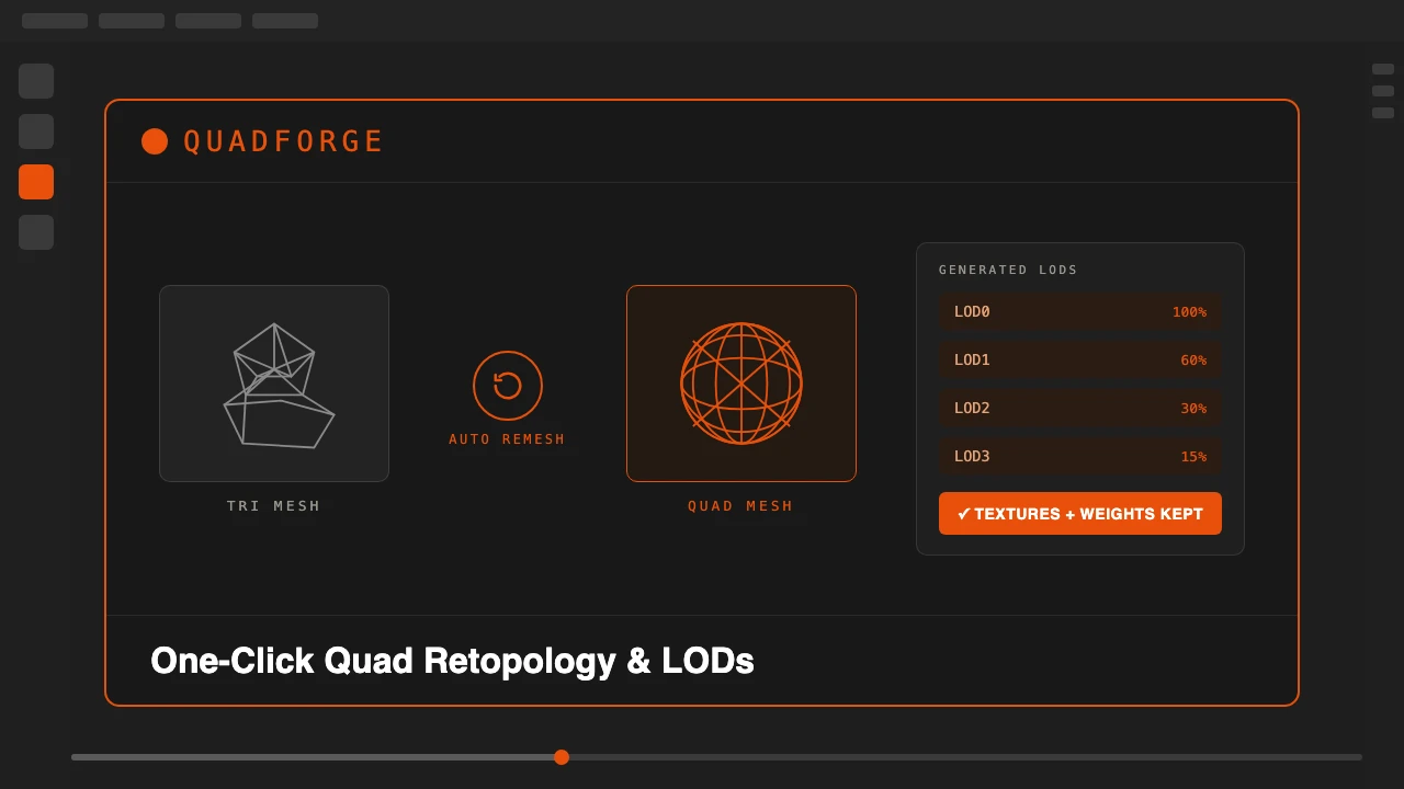 QuadForge one-click quad retopology and LOD generation for Blender, source mesh to LOD0-LOD2