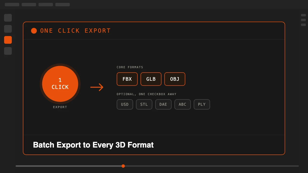 One Click Export addon for Blender, one button exporting to FBX, GLB, OBJ and more formats