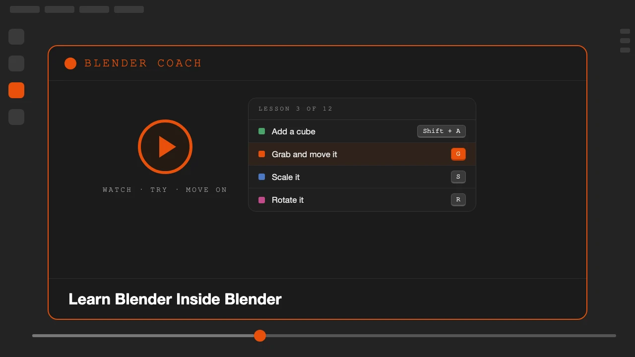 Blender Coach, learn Blender inside Blender with interactive step-by-step lessons