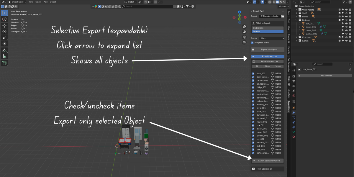 Exporting 50 objects one by one is not a workflow. Export Each handles all of them in one click.
