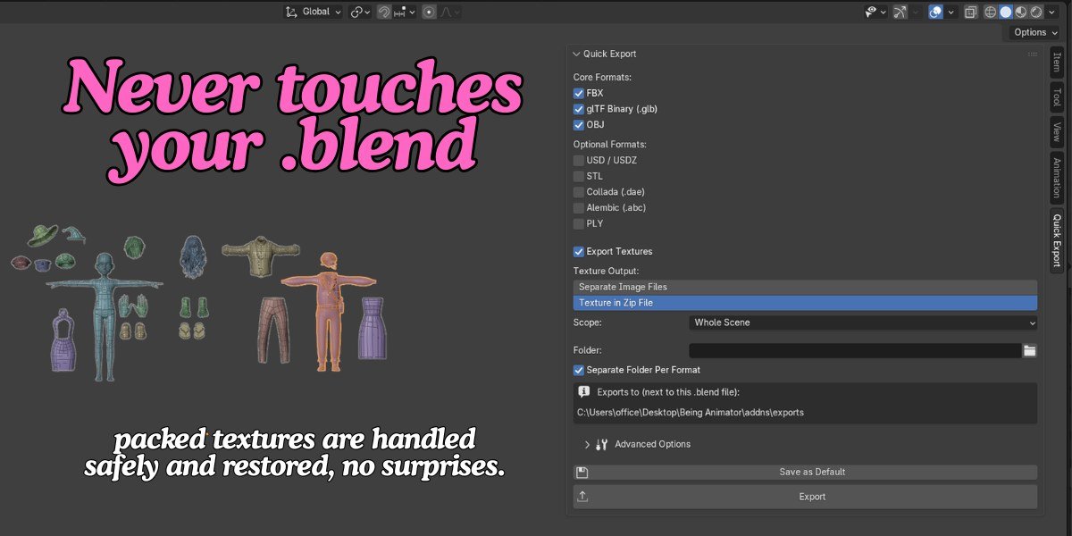 One Click Export texture output options, separate image files or texture in a zip file, in Blender