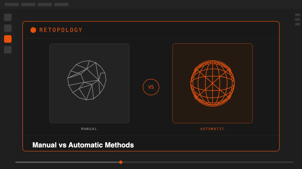 Blender retopology comparison: manual triangle mesh versus clean automatic quad mesh